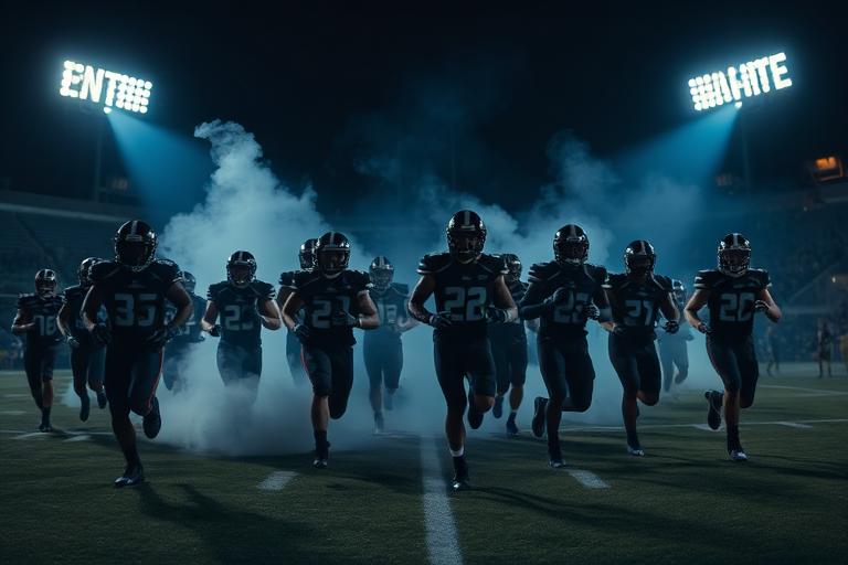 Bobcats players running onto the field through smoke